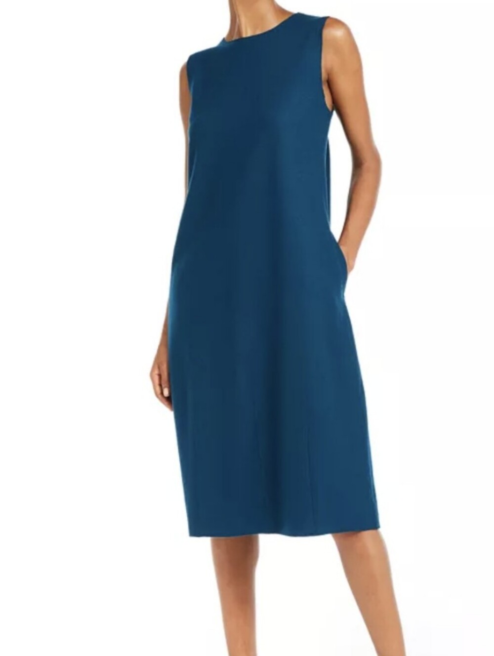 Eileen Fisher Teal Sleeveless Lantern 100% Wool Dress. Size L. Has Pockets.